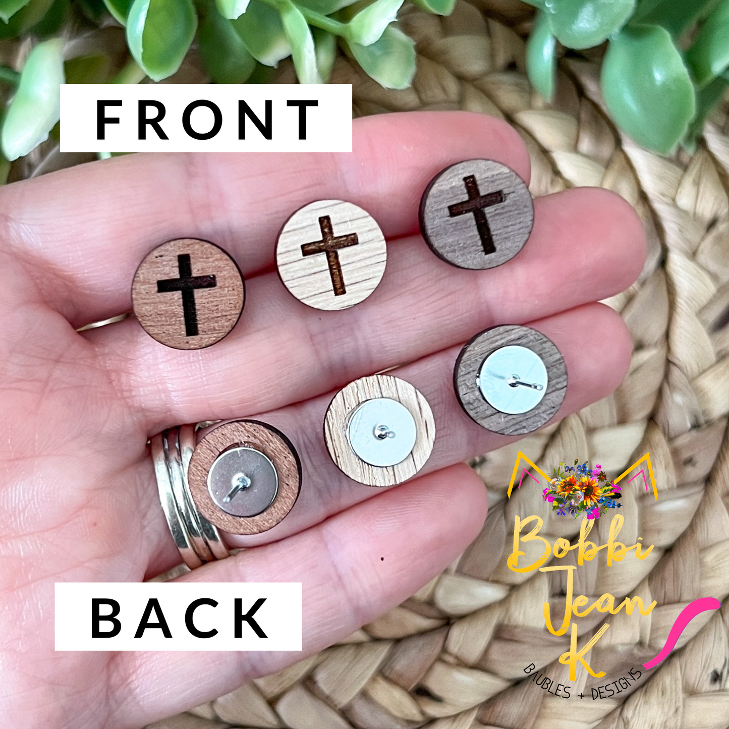 Engraved Cross Wood Studs: Choose From 3 Wood Options