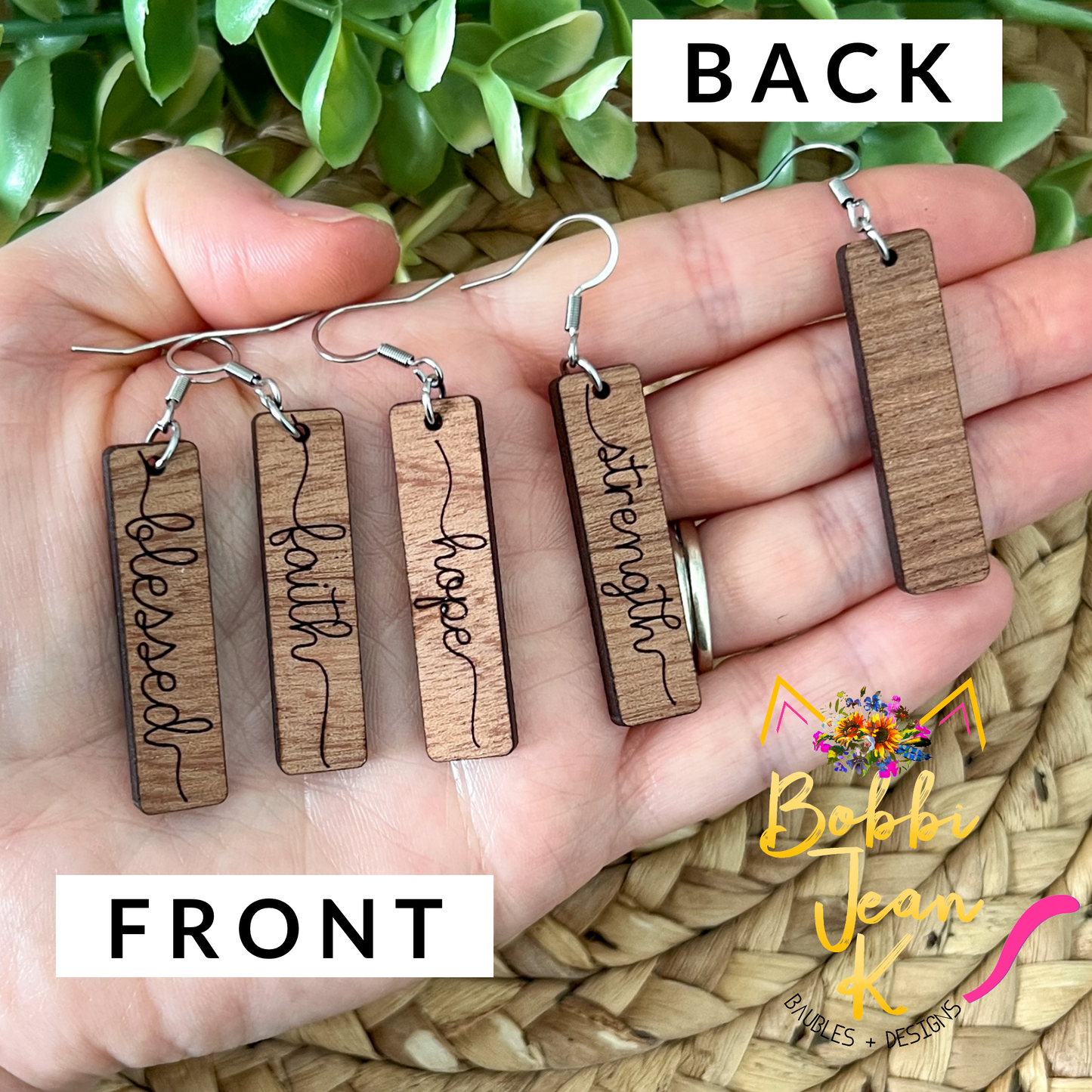 Sapele Wood Bar Earrings: Choose From Blessed, Faith, Hope, or Strength