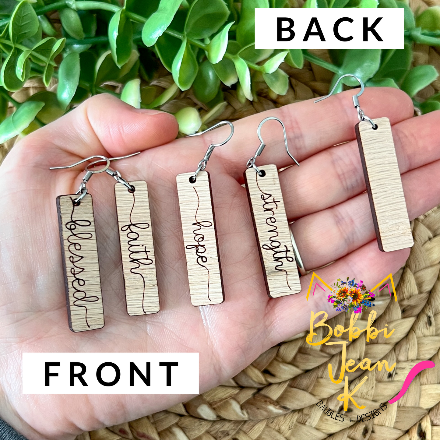 Red Oak Wood Bar Earrings: Choose From Blessed, Faith, Hope, or Strength