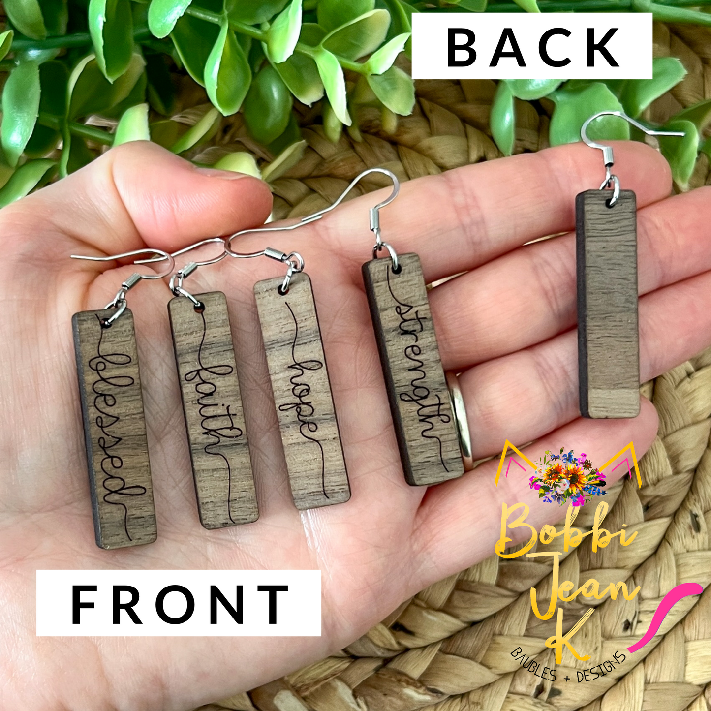 Walnut Wood Bar Earrings: Choose From Blessed, Faith, Hope, or Strength