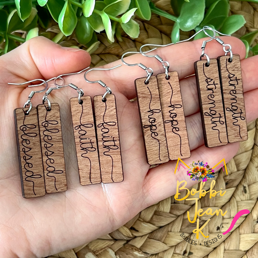 Sapele Wood Bar Earrings: Choose From Blessed, Faith, Hope, or Strength