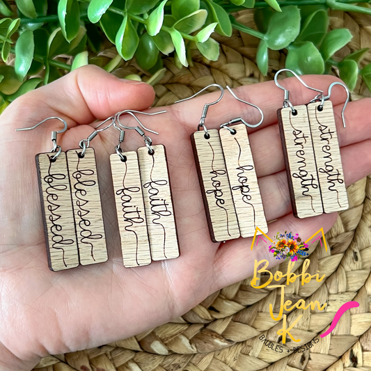 Red Oak Wood Bar Earrings: Choose From Blessed, Faith, Hope, or Strength