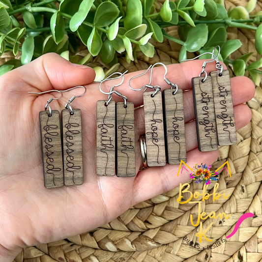 Walnut Wood Bar Earrings: Choose From Blessed, Faith, Hope, or Strength