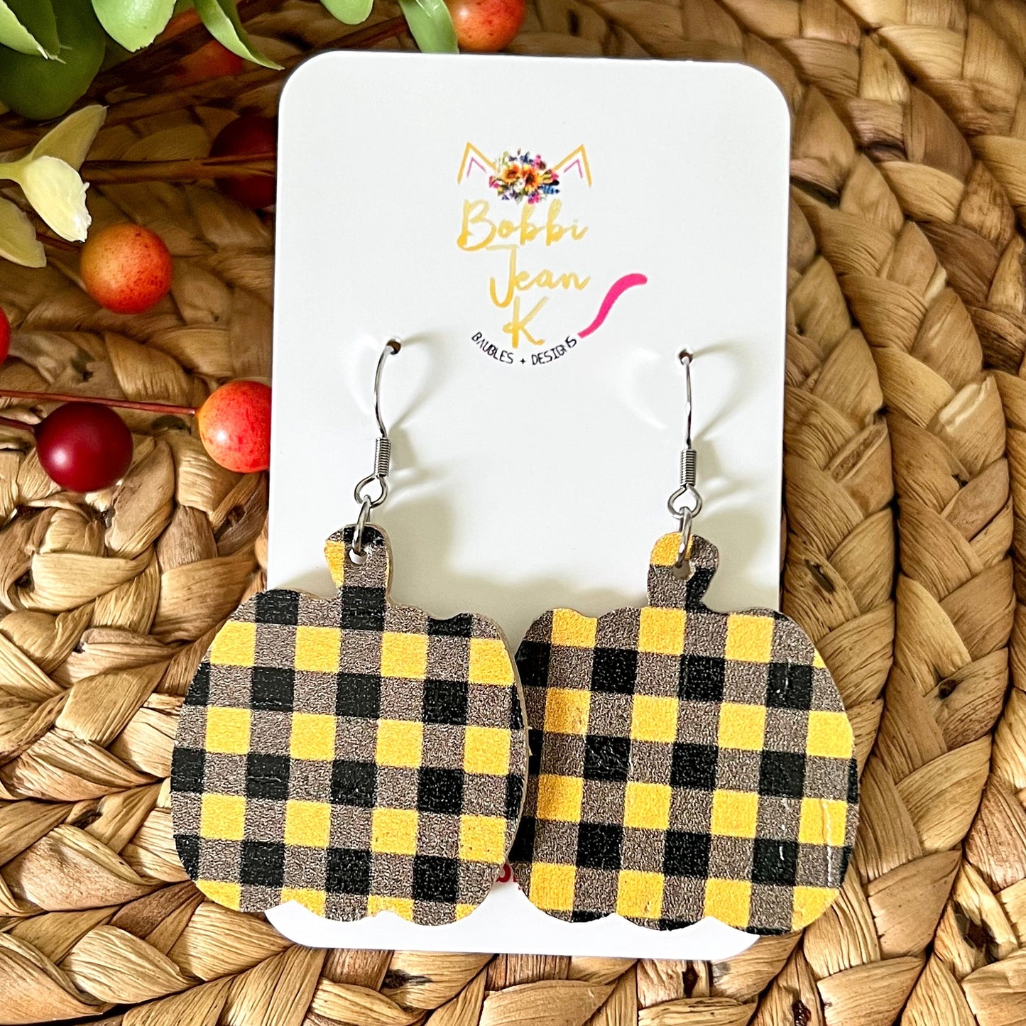 SALE: Yellow & Black Plaid Pumpkin Earrings - LAST CHANCE