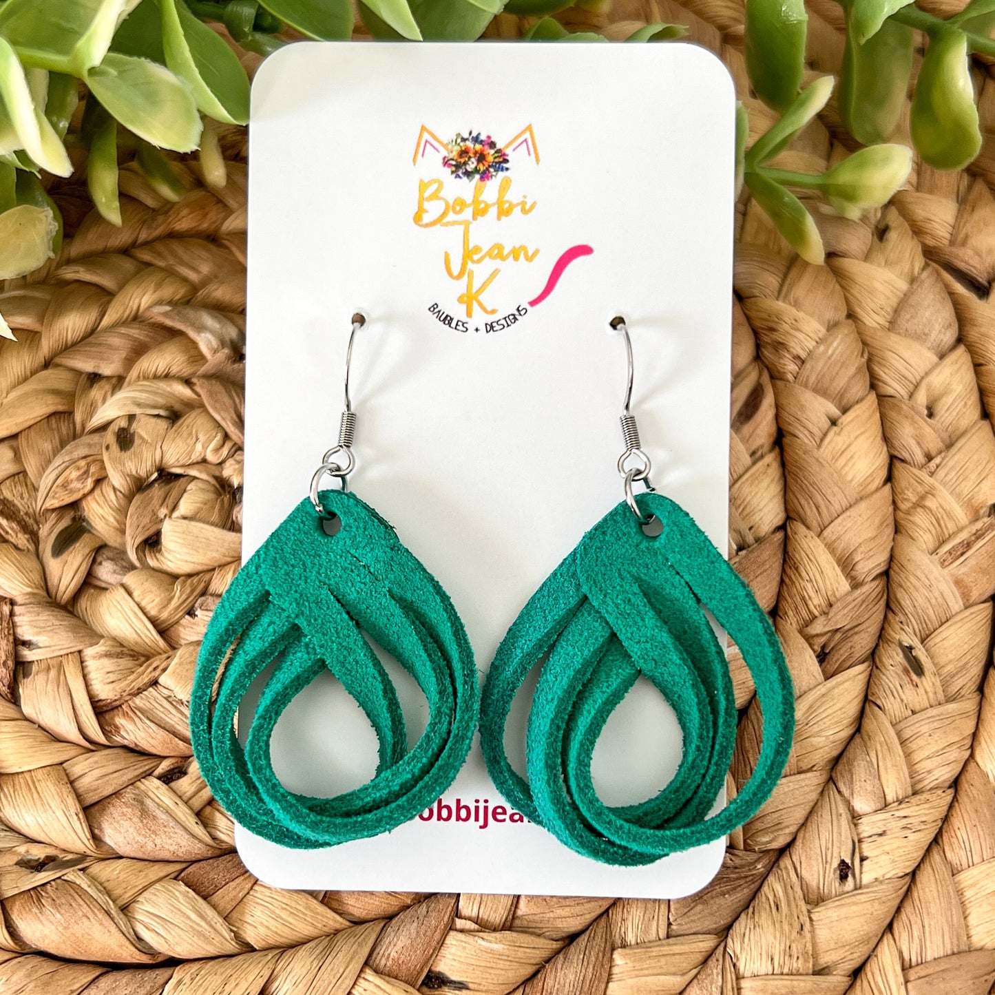 Emerald Green Loop Suede Leather Earrings