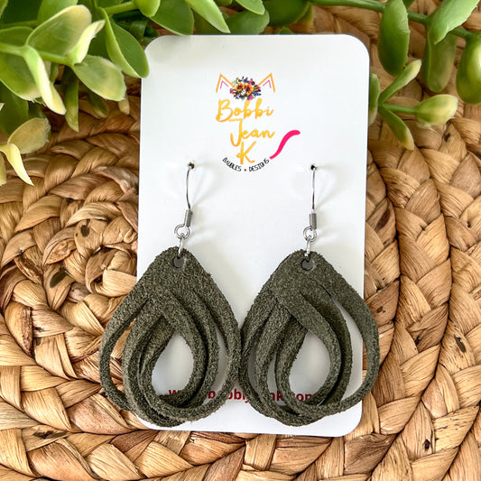 Army Green Loop Suede Leather Earrings
