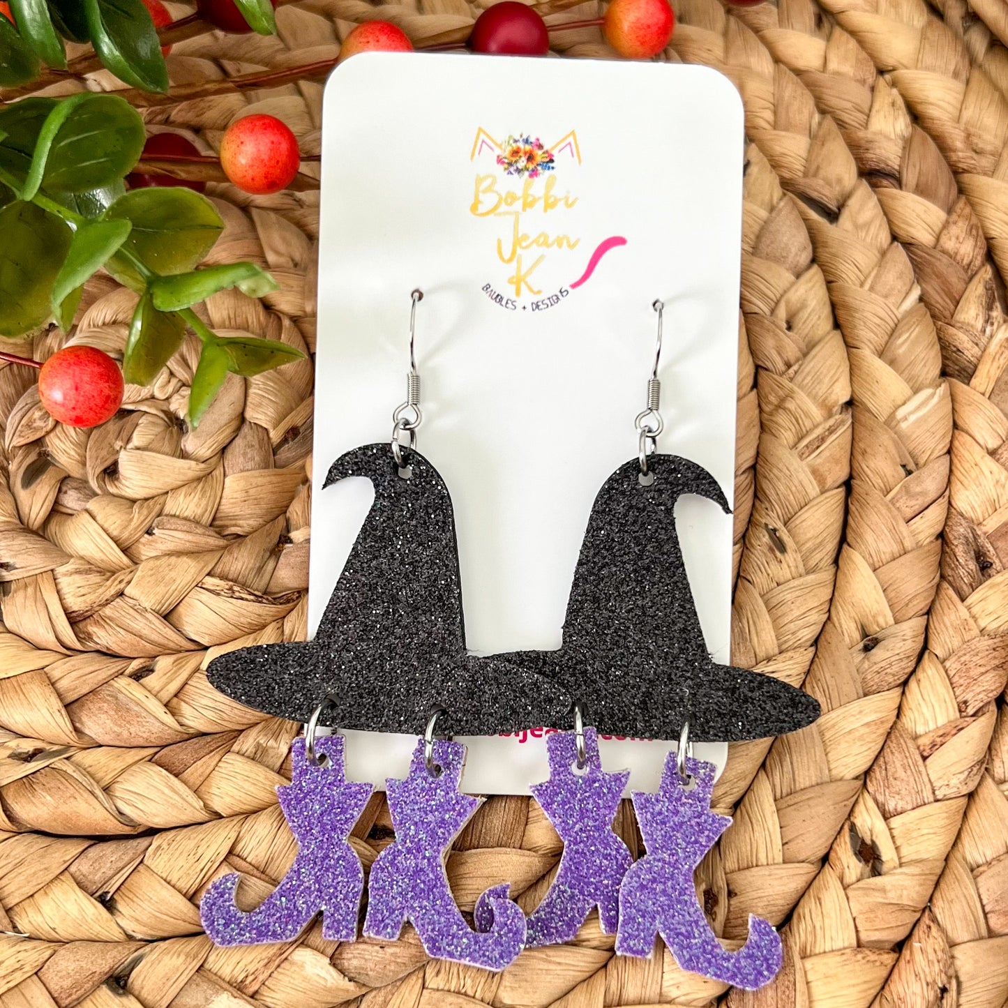 Infused Glitter Witch Hat & Boot Leather Earrings: Choose From 4 Color Options
