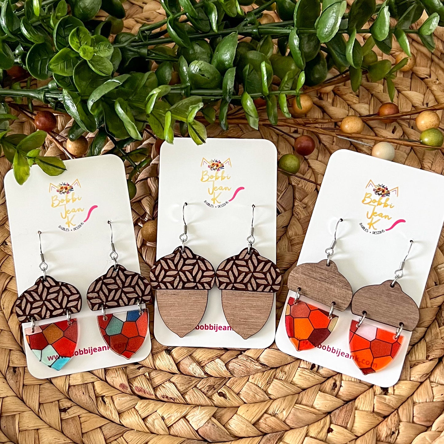 Acorn Wood & Acrylic Dangles: Choose From 3 Styles - LAST CHANCE