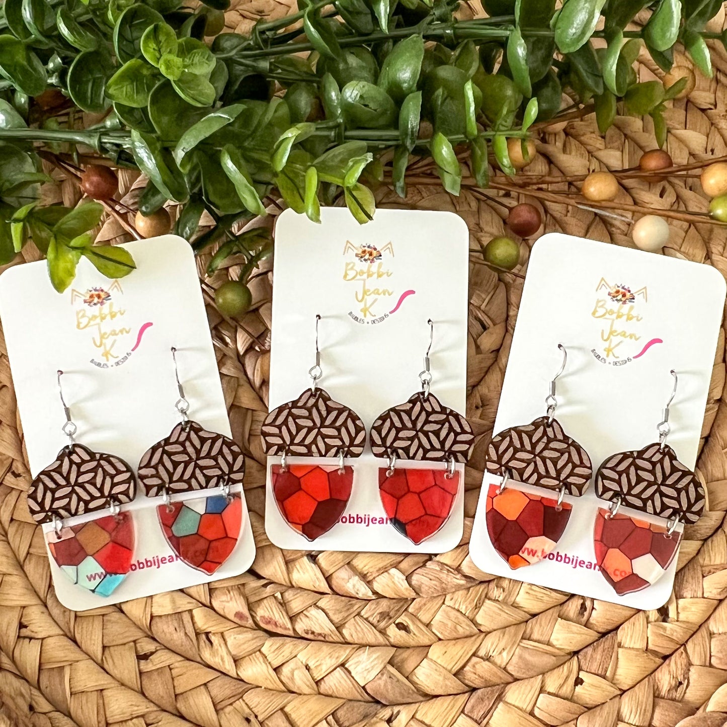 Acorn Wood & Acrylic Dangles: Choose From 3 Styles - LAST CHANCE