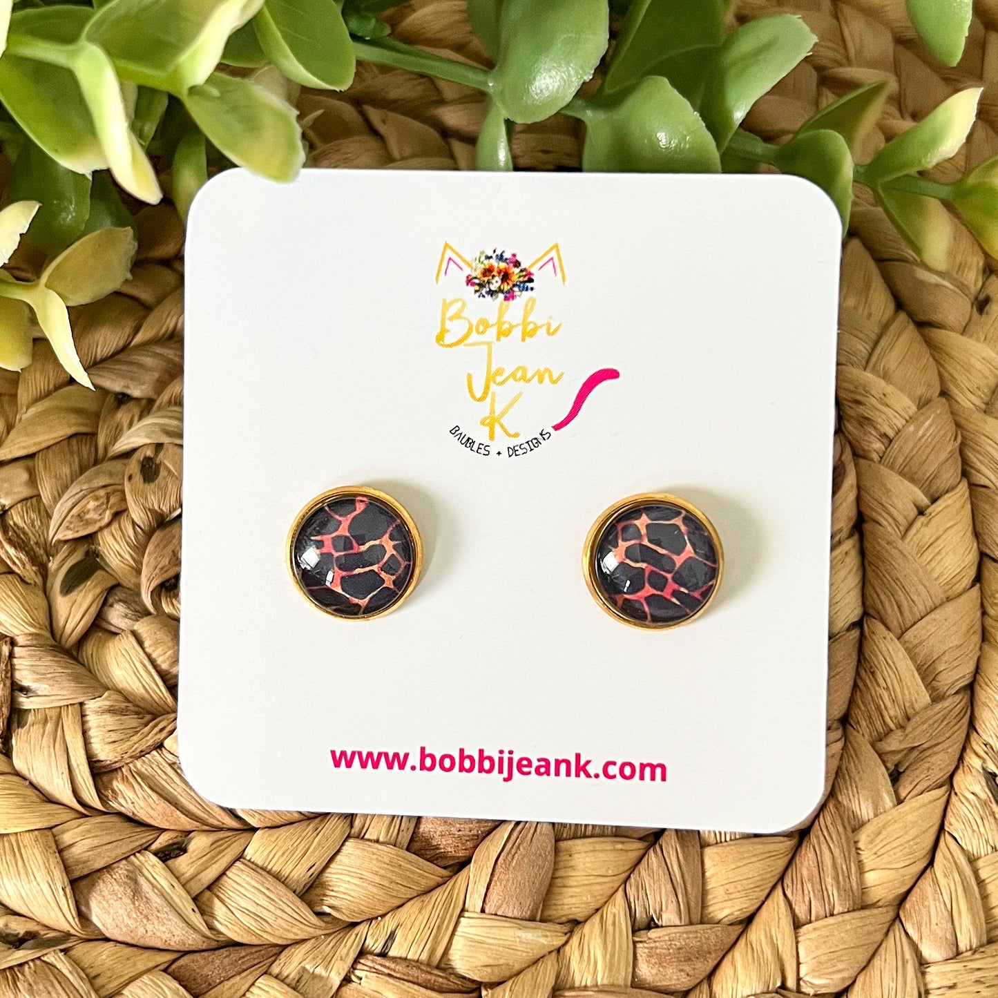 SALE: Black & Fire Orange Animal Print Glass Studs 12mm: Choose Silver or Gold Settings - LAST CHANCE