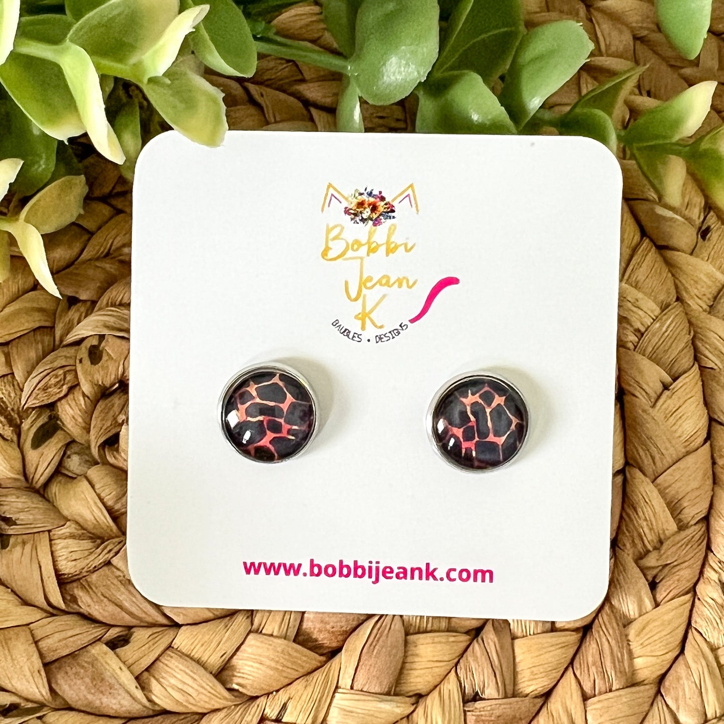 SALE: Black & Fire Orange Animal Print Glass Studs 12mm: Choose Silver or Gold Settings - LAST CHANCE