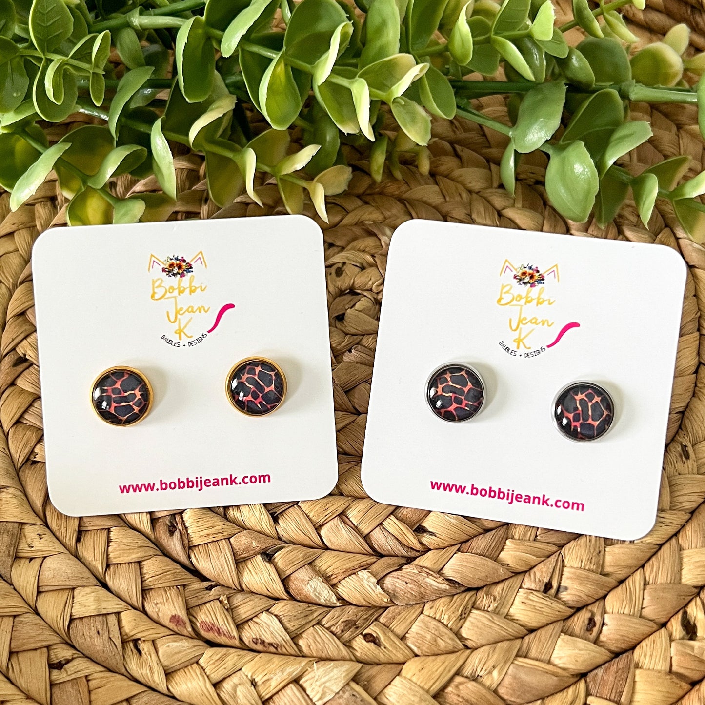 SALE: Black & Fire Orange Animal Print Glass Studs 12mm: Choose Silver or Gold Settings - LAST CHANCE