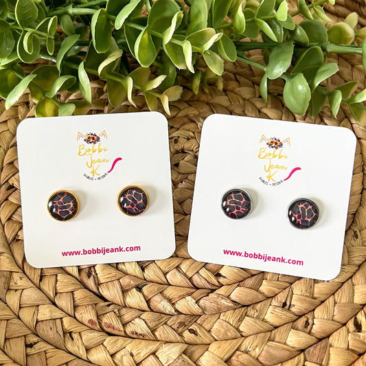 SALE: Black & Fire Orange Animal Print Glass Studs 12mm: Choose Silver or Gold Settings - LAST CHANCE