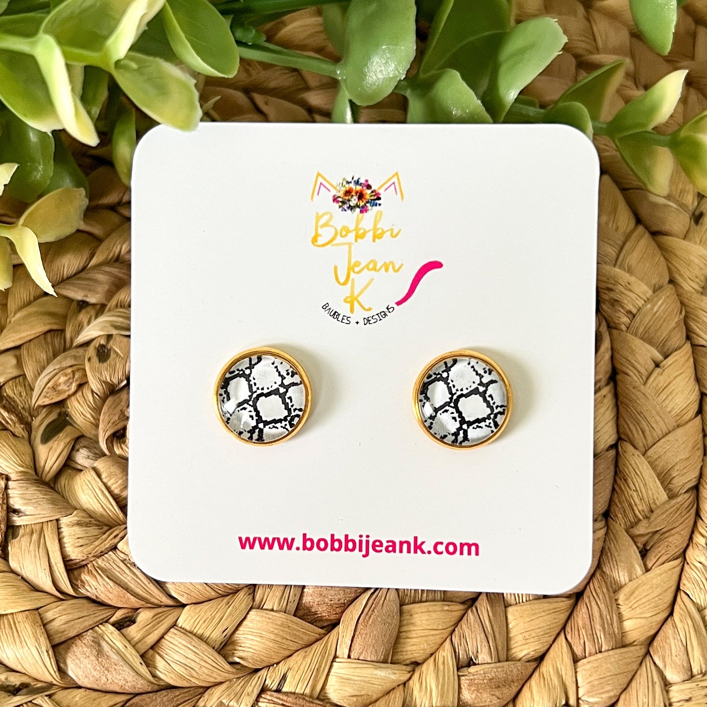 SALE: Black & White Snakeskin Animal Print Glass Studs 12mm: Choose Silver or Gold Settings - LAST CHANCE