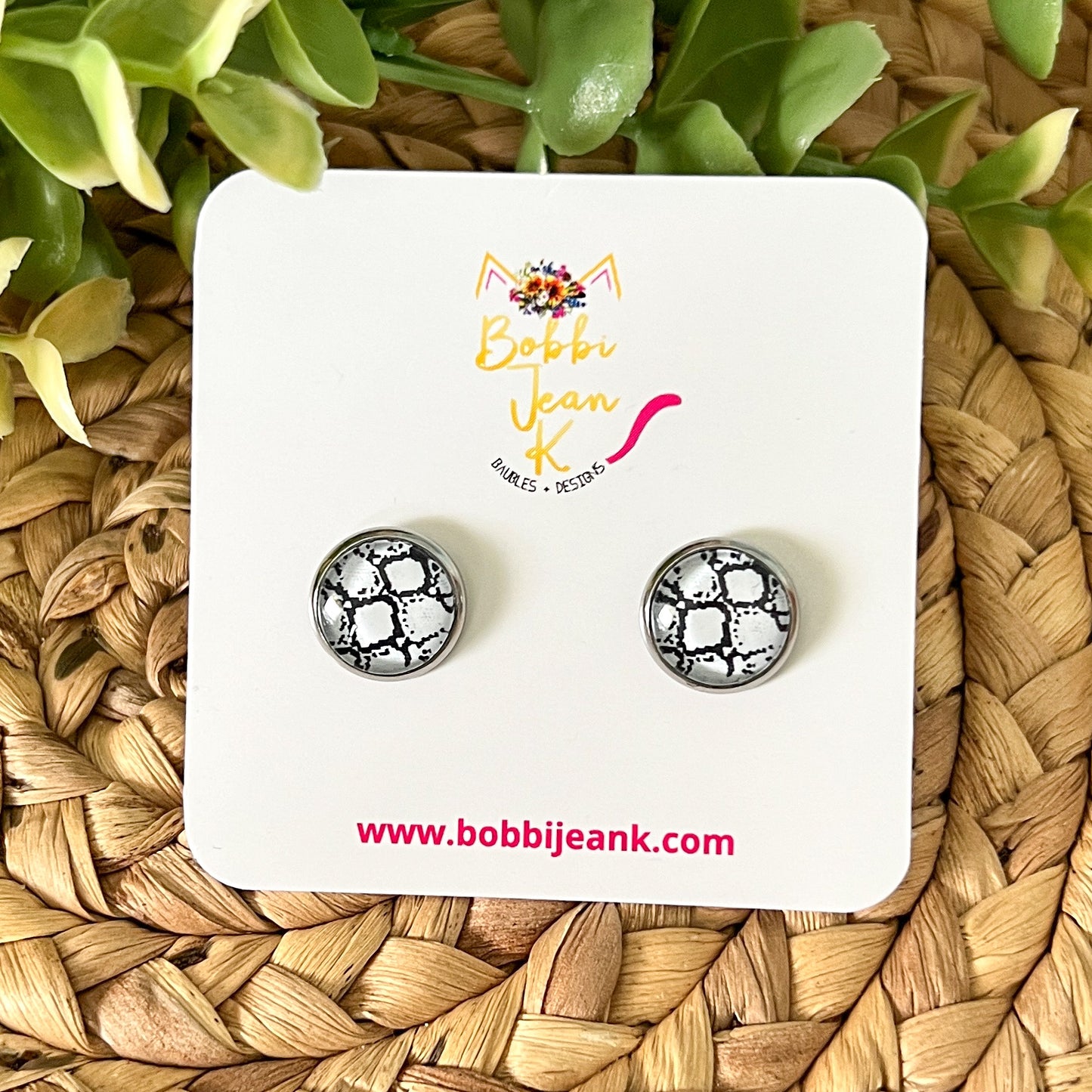 SALE: Black & White Snakeskin Animal Print Glass Studs 12mm: Choose Silver or Gold Settings - LAST CHANCE