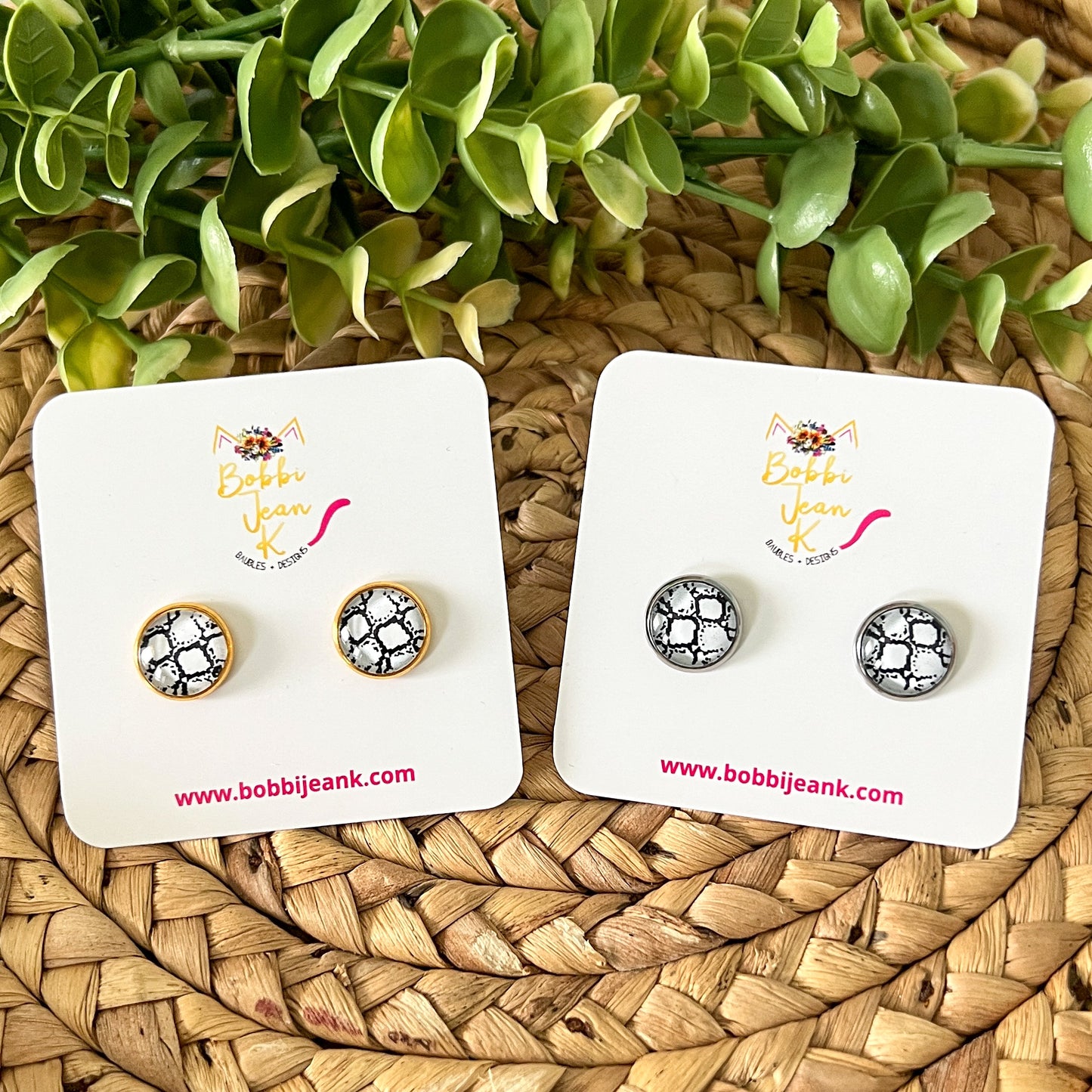 SALE: Black & White Snakeskin Animal Print Glass Studs 12mm: Choose Silver or Gold Settings - LAST CHANCE