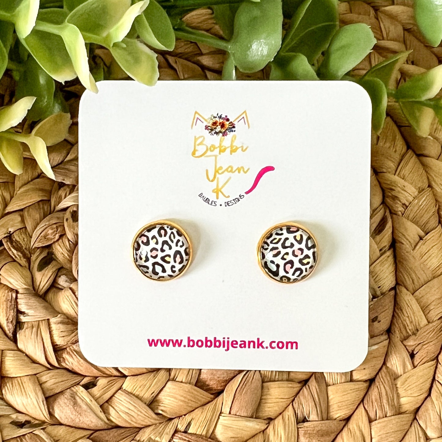 SALE: Pastel Leopard Animal Print Glass Studs 12mm: Choose Silver or Gold Settings - ONLY ONE LEFT