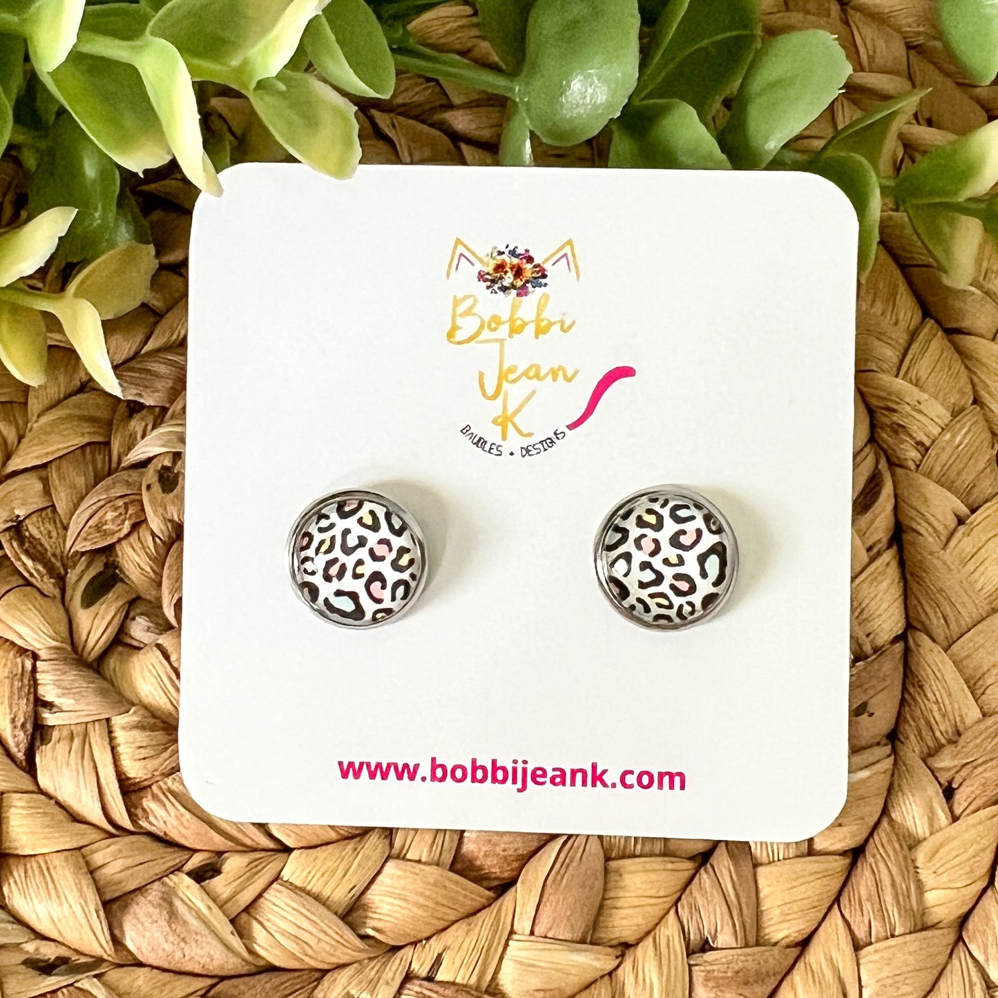 SALE: Pastel Leopard Animal Print Glass Studs 12mm: Choose Silver or Gold Settings - ONLY ONE LEFT