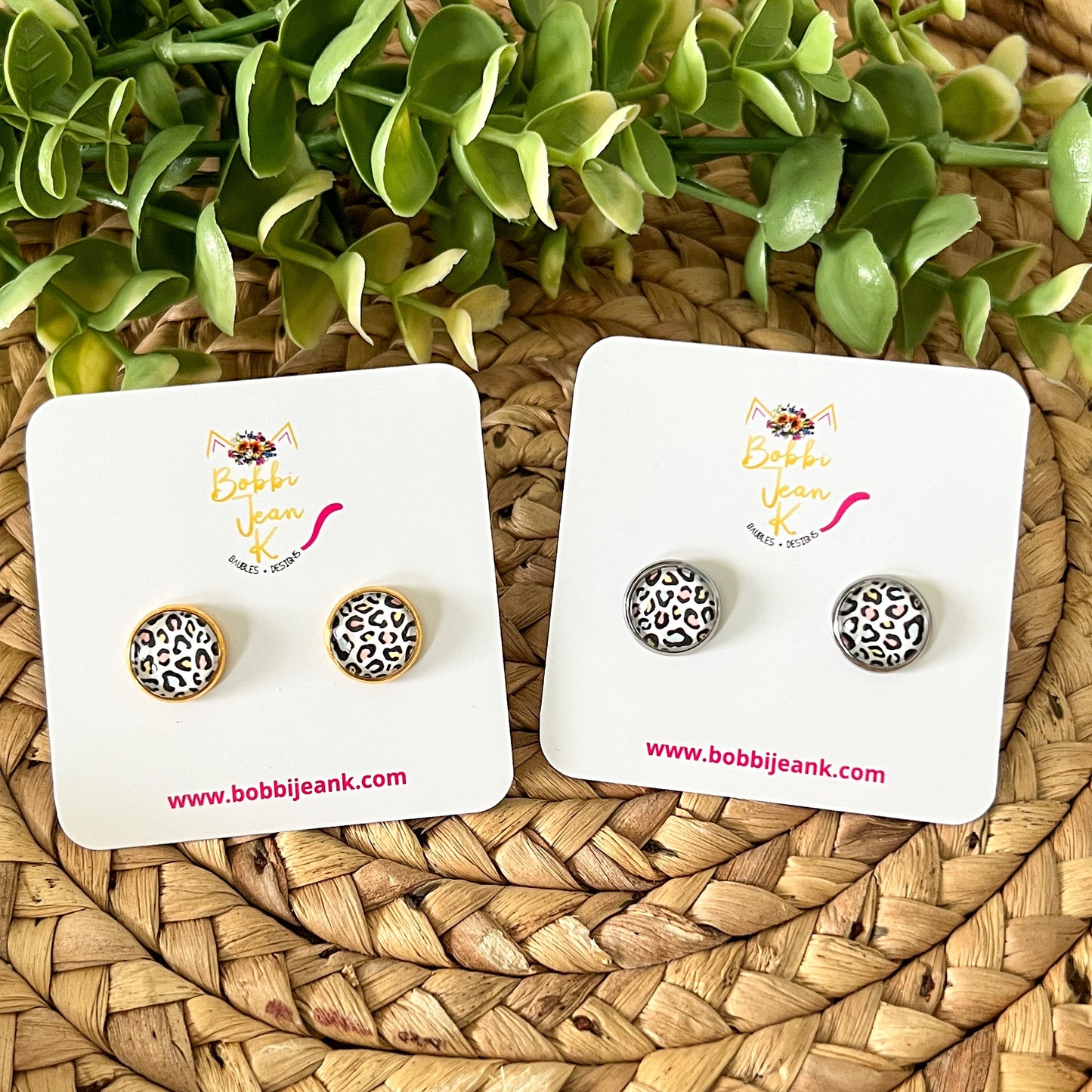 SALE: Pastel Leopard Animal Print Glass Studs 12mm: Choose Silver or Gold Settings - ONLY ONE LEFT