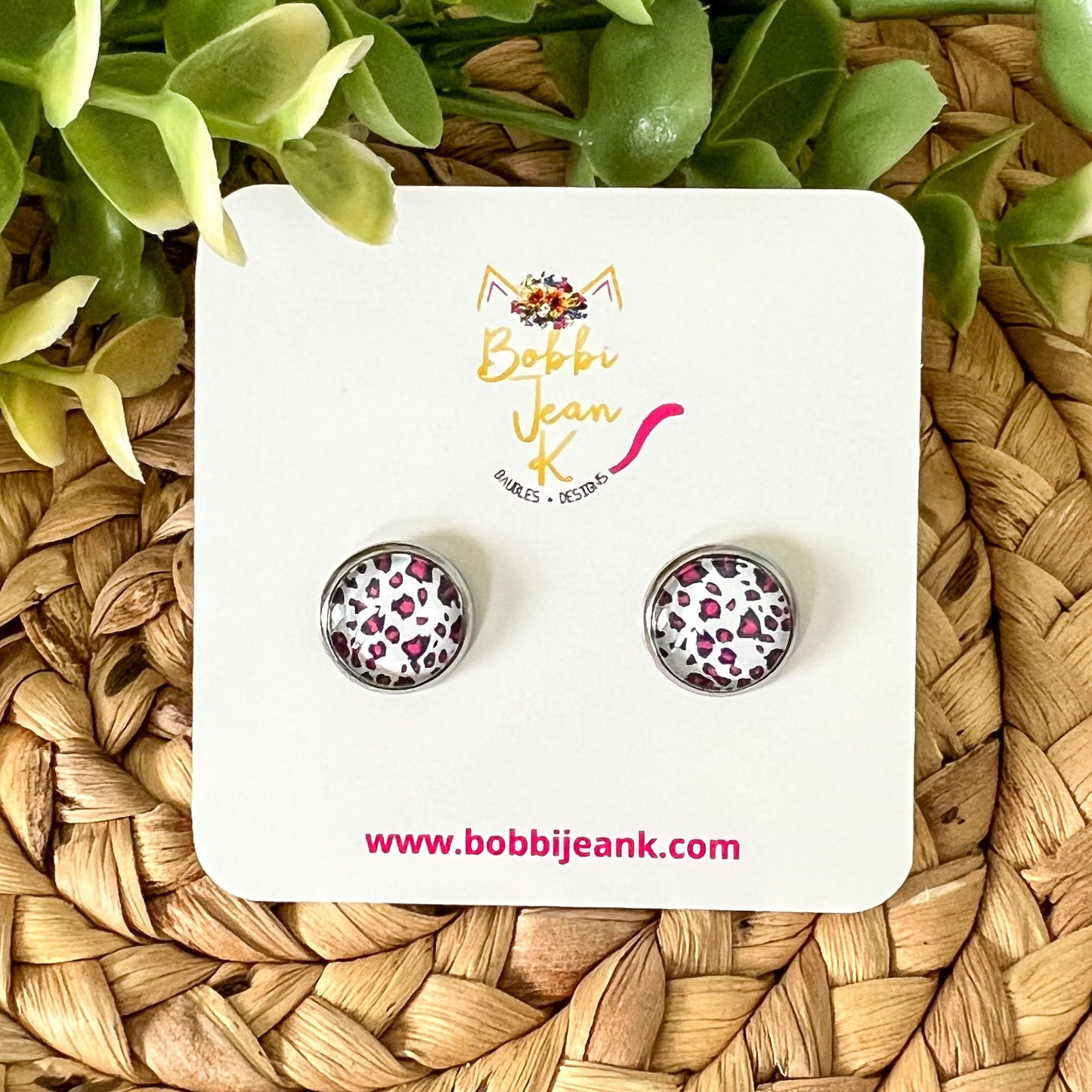 SALE: Fuchsia & Black Spotted Animal Print Glass Studs 12mm: Choose Silver or Gold Settings - LAST CHANCE