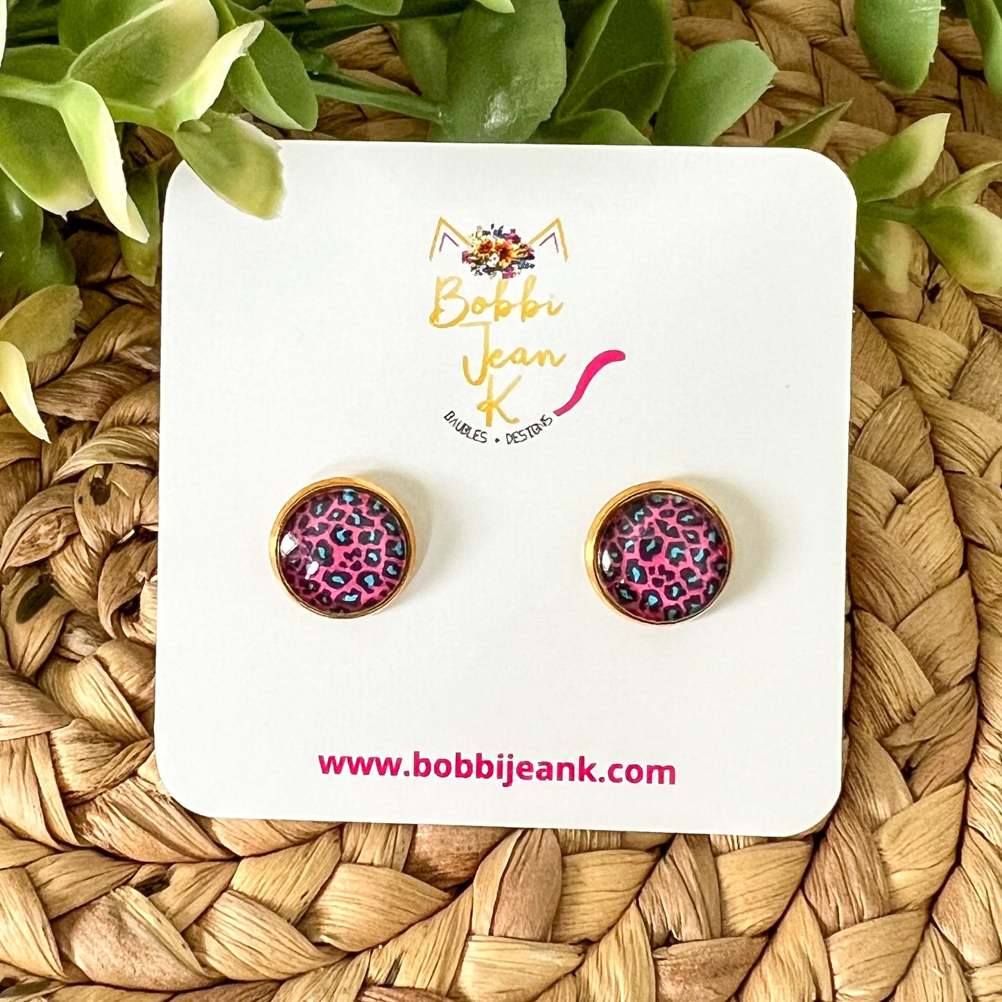 SALE: Pink & Blue Leopard Animal Print Glass Studs 12mm: Choose Silver or Gold Settings - LAST CHANCE