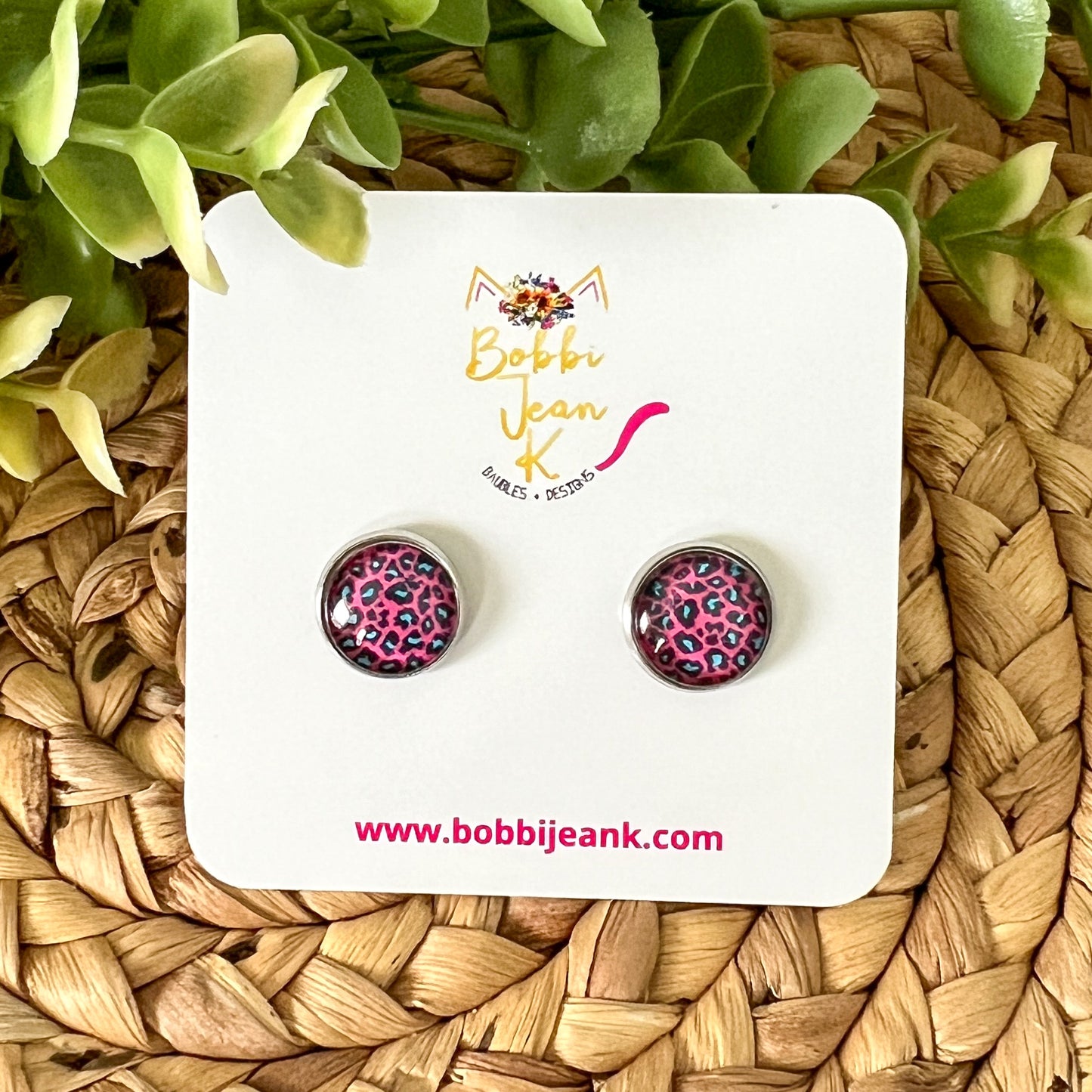 SALE: Pink & Blue Leopard Animal Print Glass Studs 12mm: Choose Silver or Gold Settings - LAST CHANCE