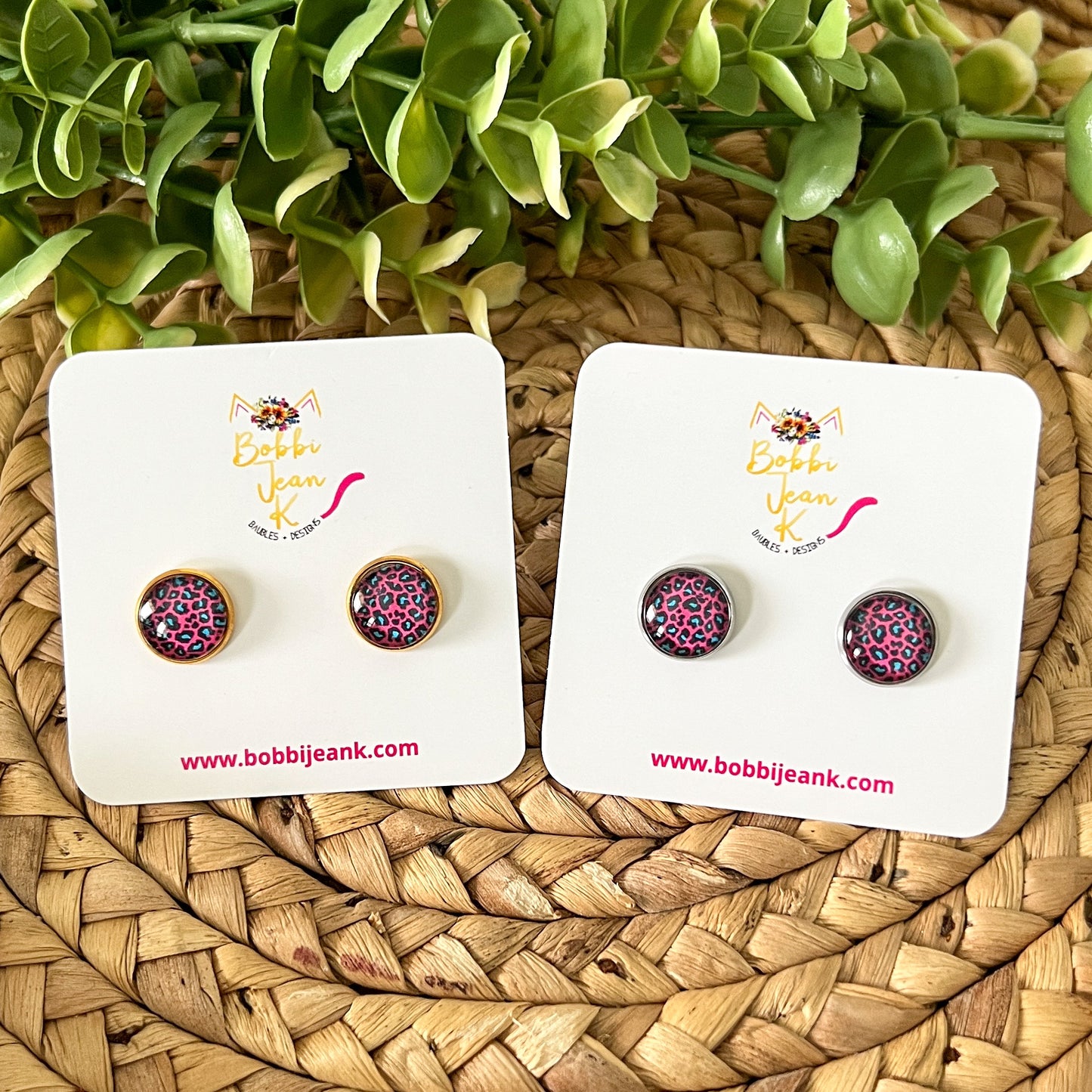 SALE: Pink & Blue Leopard Animal Print Glass Studs 12mm: Choose Silver or Gold Settings - LAST CHANCE