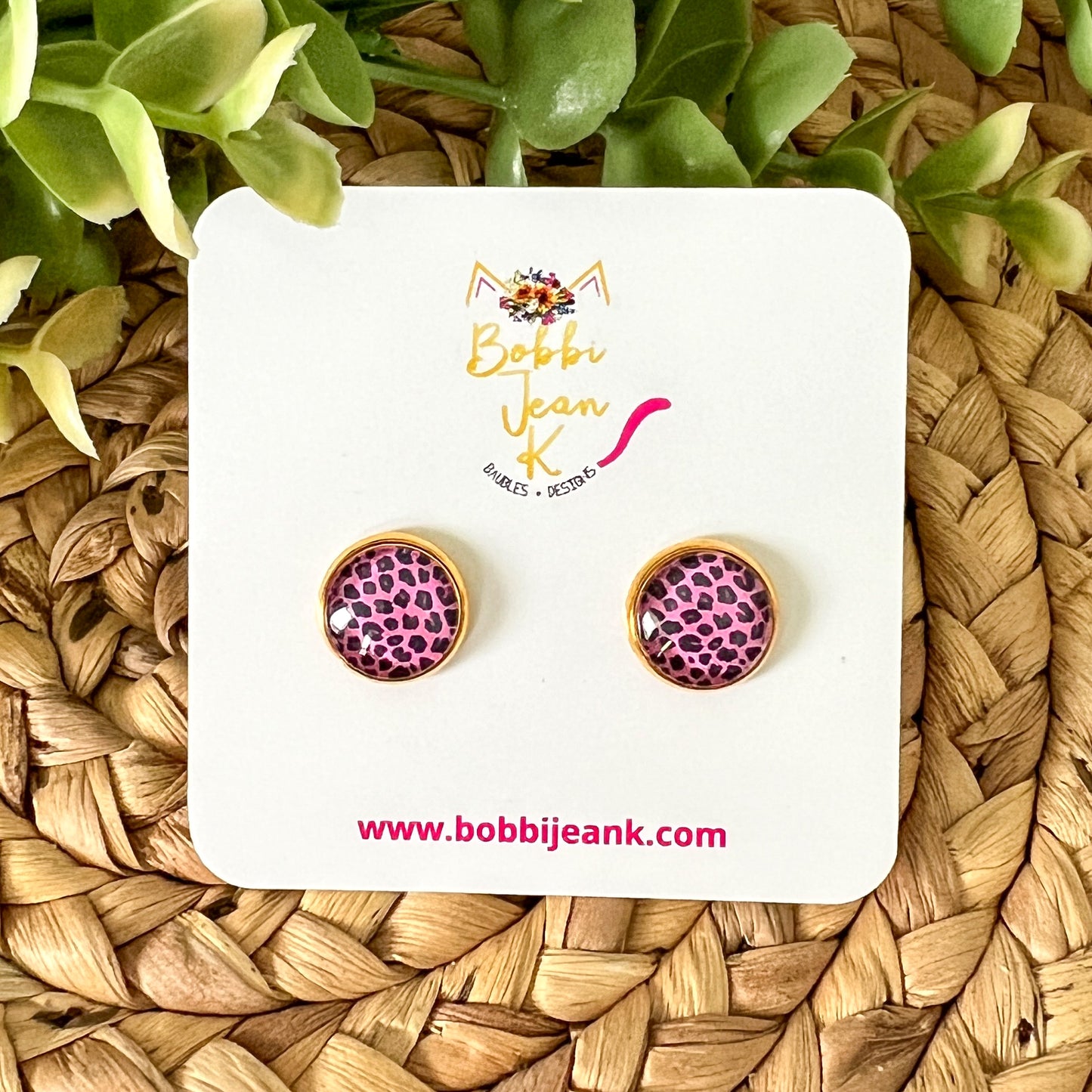 SALE: Pink & Black Leopard Animal Print Glass Studs 12mm: Choose Silver or Gold Settings - LAST CHANCE