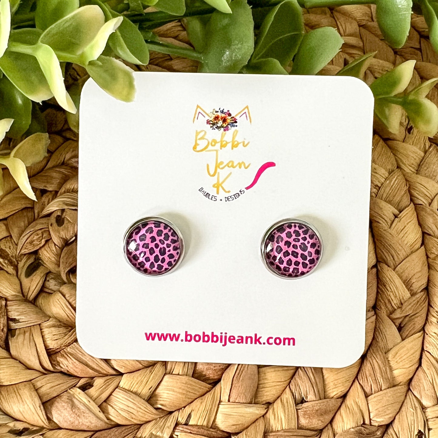 SALE: Pink & Black Leopard Animal Print Glass Studs 12mm: Choose Silver or Gold Settings - LAST CHANCE