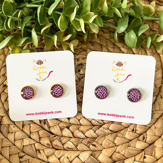 SALE: Pink & Black Leopard Animal Print Glass Studs 12mm: Choose Silver or Gold Settings - LAST CHANCE