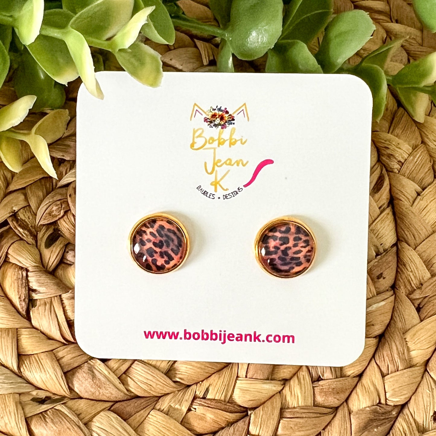 SALE: Black & Amber Leopard Animal Print Glass Studs 12mm: Choose Silver or Gold Settings - ONLY 2 LEFT