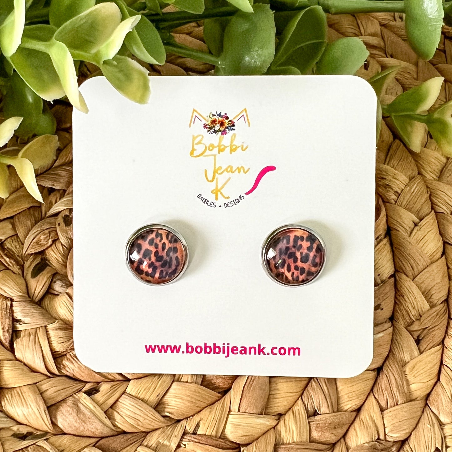 SALE: Black & Amber Leopard Animal Print Glass Studs 12mm: Choose Silver or Gold Settings - ONLY 2 LEFT