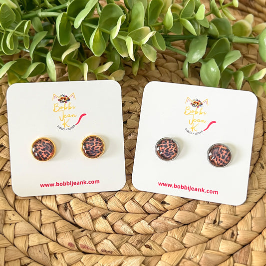 SALE: Black & Amber Leopard Animal Print Glass Studs 12mm: Choose Silver or Gold Settings - ONLY 2 LEFT