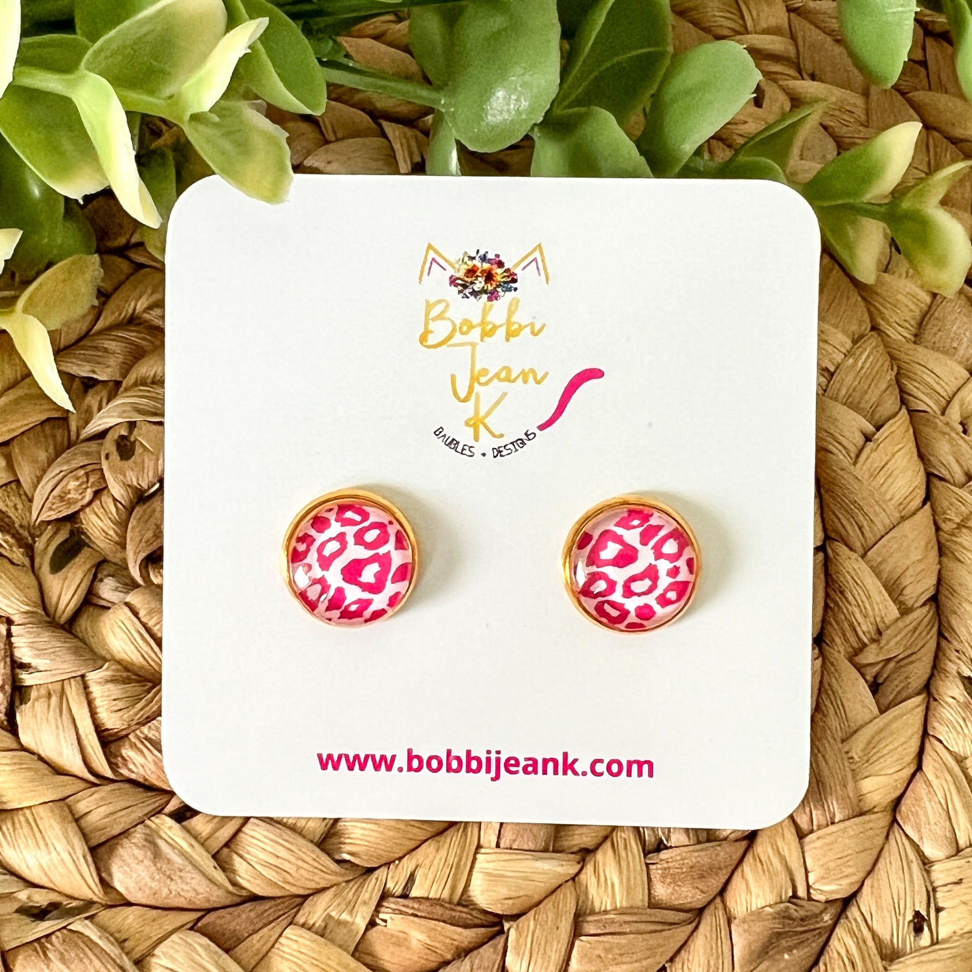 Pink Leopard Animal Print Glass Studs 12mm: Choose Silver or Gold Settings