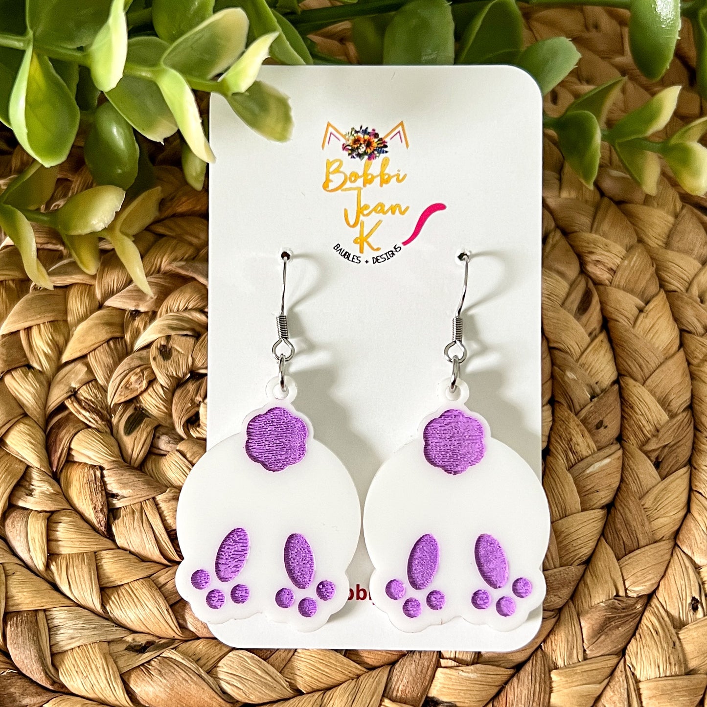 Bunny Butt Hand Painted White Acrylic Earrings: Choose From 2 Colors