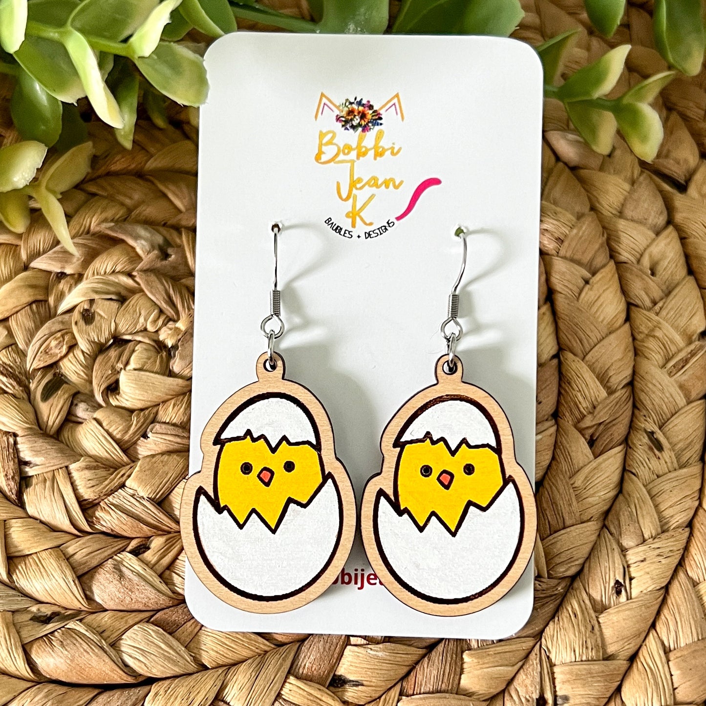 Chick in Egg Hand Painted Wood Earrings: Choose From Dangles or Studs
