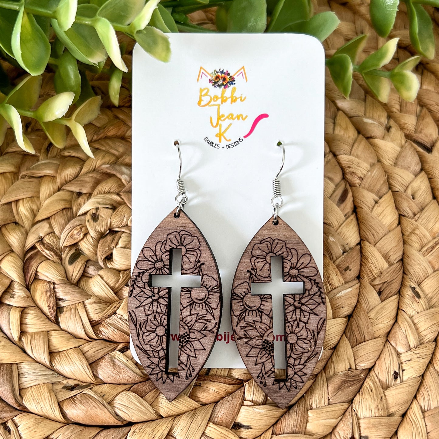 Walnut Wood Floral Cross Earrings: Choose From 3 Designs - LAST CHANCE - DESIGN BEING DISCONTINUED (Was $15)
