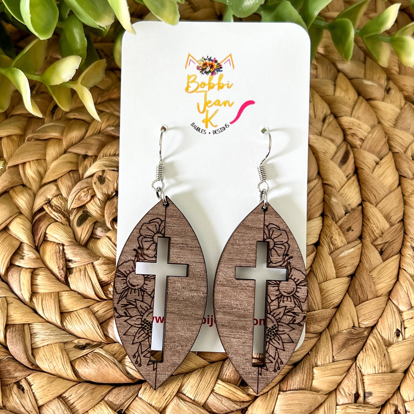 Walnut Wood Floral Cross Earrings: Choose From 3 Designs - LAST CHANCE - DESIGN BEING DISCONTINUED (Was $15)