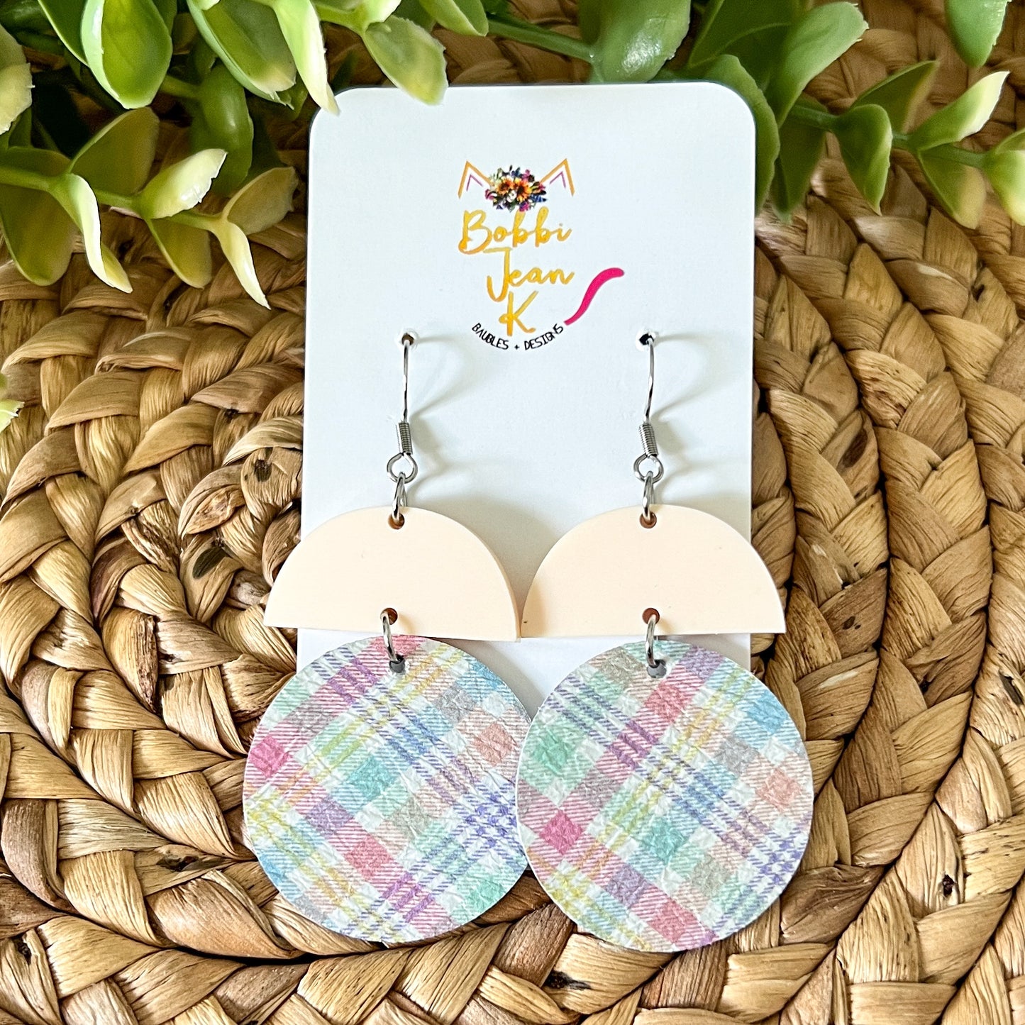 Pastel Plaid Leather Earring Circle Drop: Choose From 3 Colors - ONLY 2 PEACH LEFT