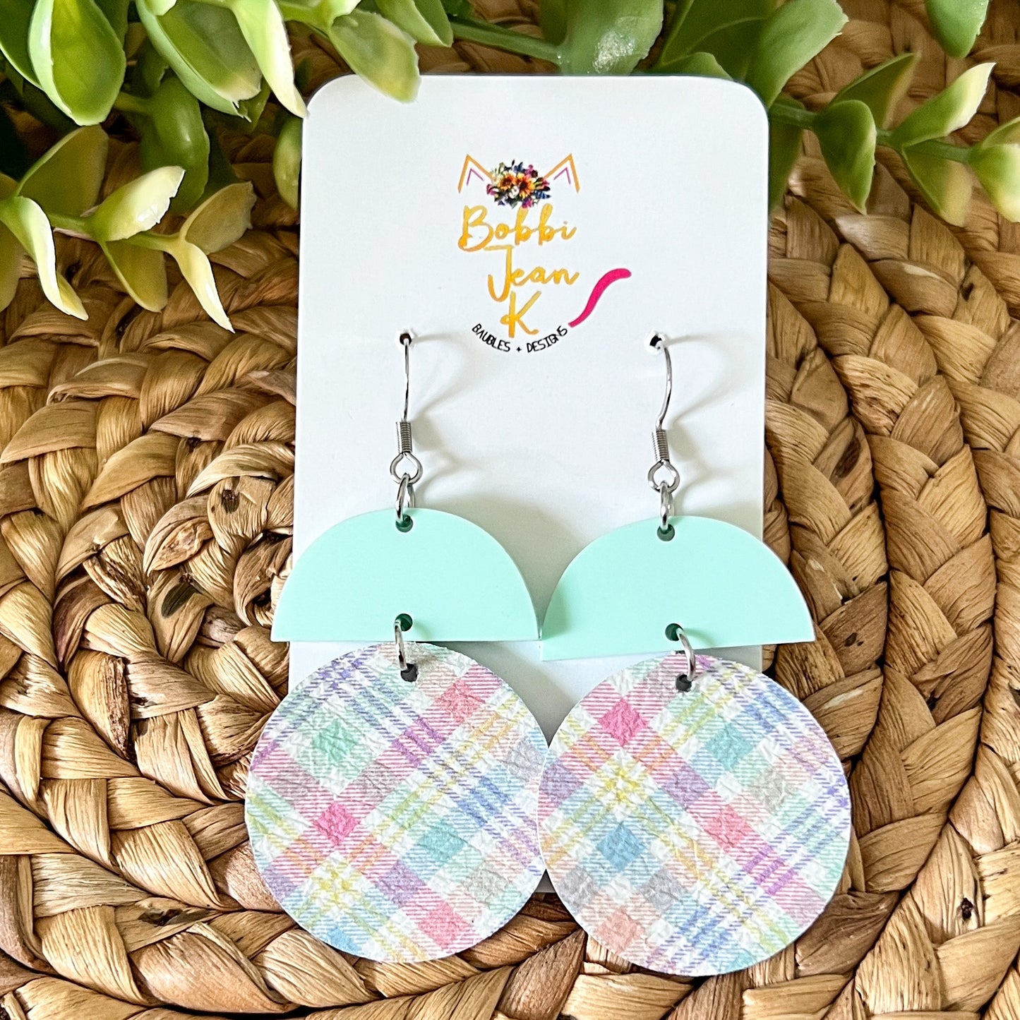 Pastel Plaid Leather Earring Circle Drop: Choose From 3 Colors - ONLY 2 PEACH LEFT