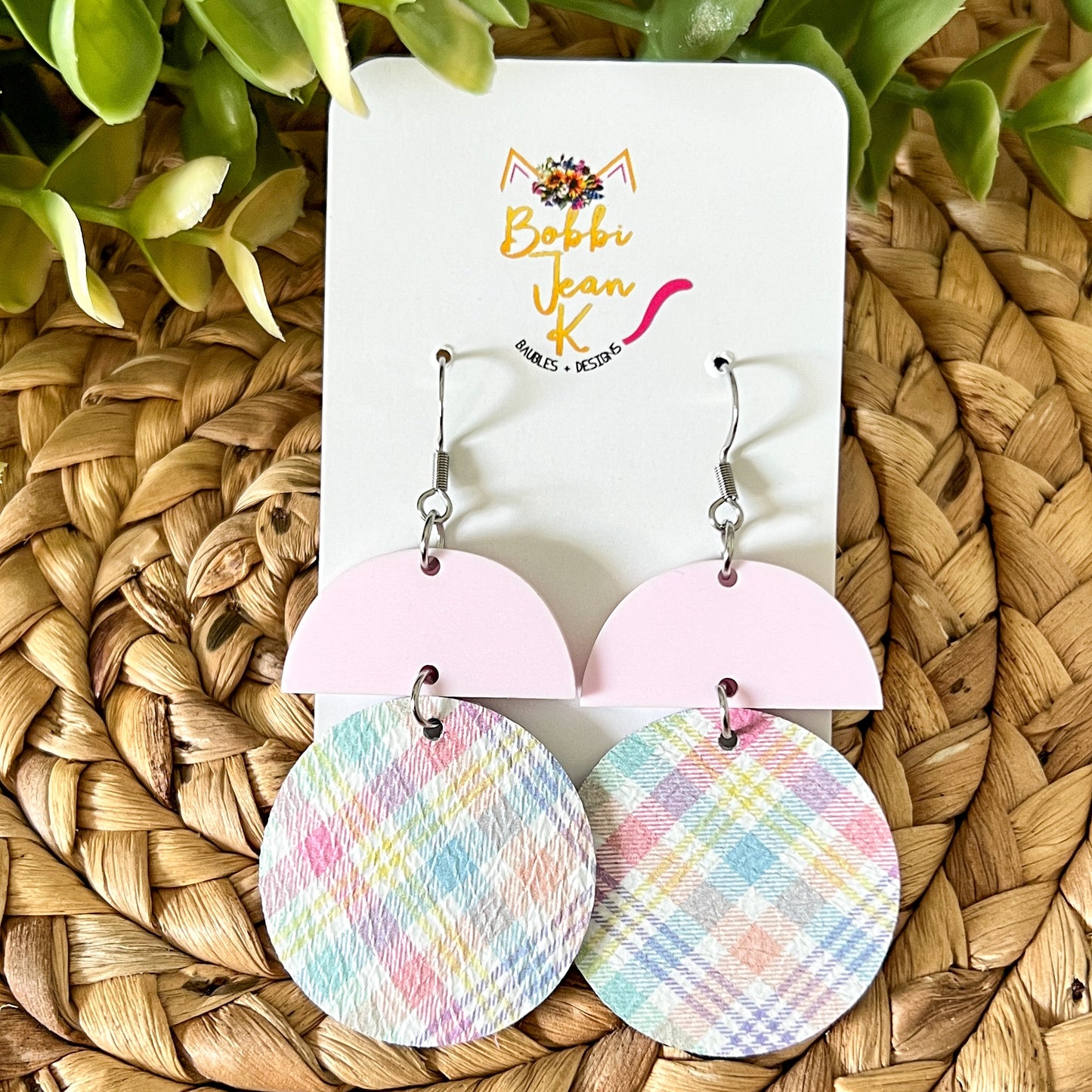 Pastel Plaid Leather Earring Circle Drop: Choose From 3 Colors - ONLY 2 PEACH LEFT
