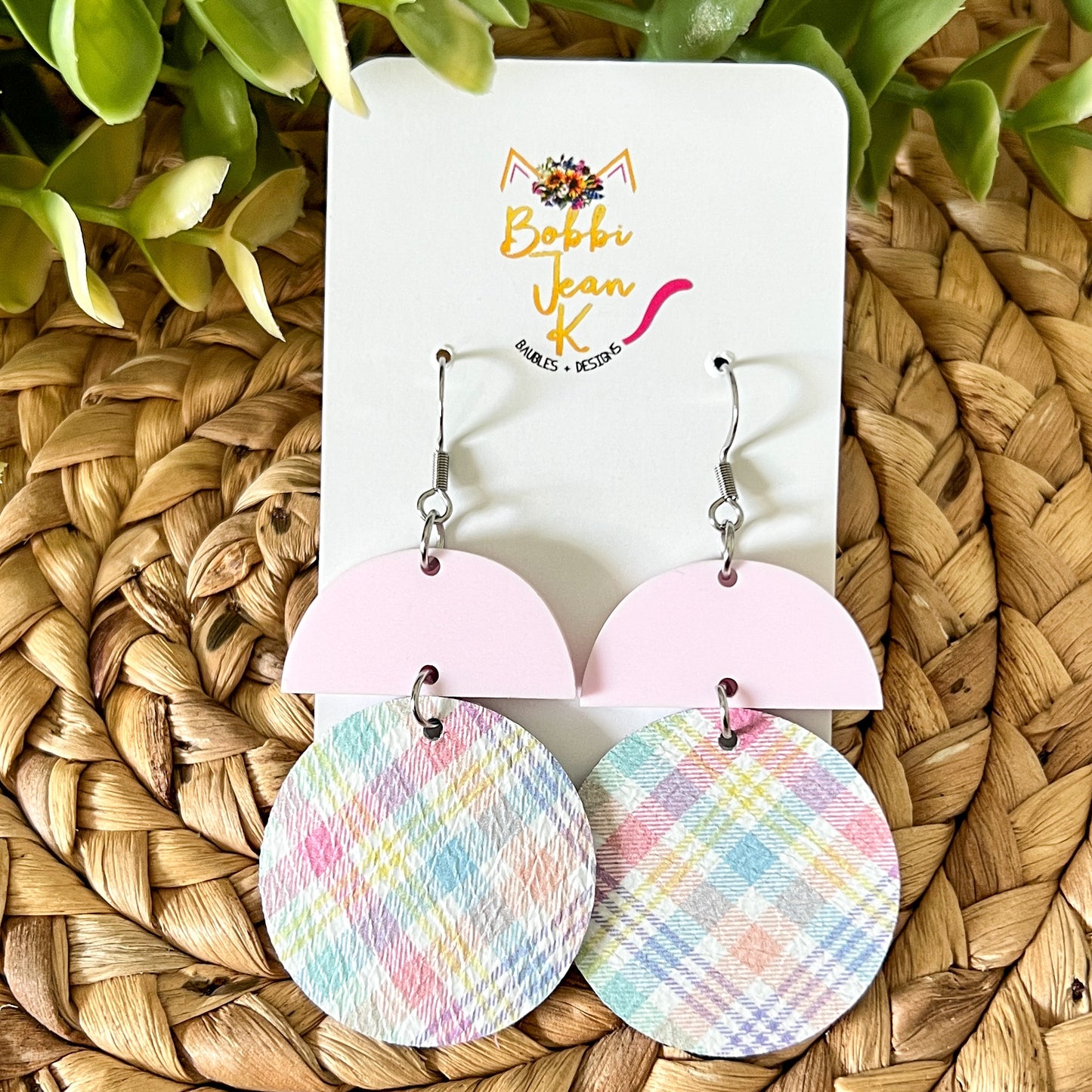 Pastel Plaid Leather Earring Circle Drop: Choose From 3 Colors - LAST CHANCE