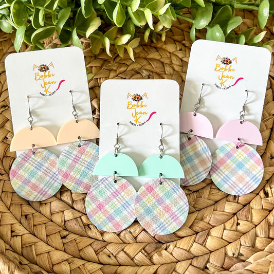 Pastel Plaid Leather Earring Circle Drop: Choose From 3 Colors - ONLY 2 PEACH LEFT