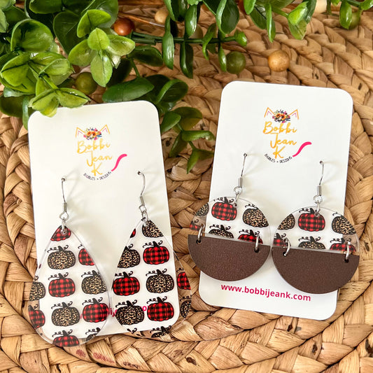 Leopard & Plaid Pumpkin Acrylic Earrings: Choose From 2 Shape Options