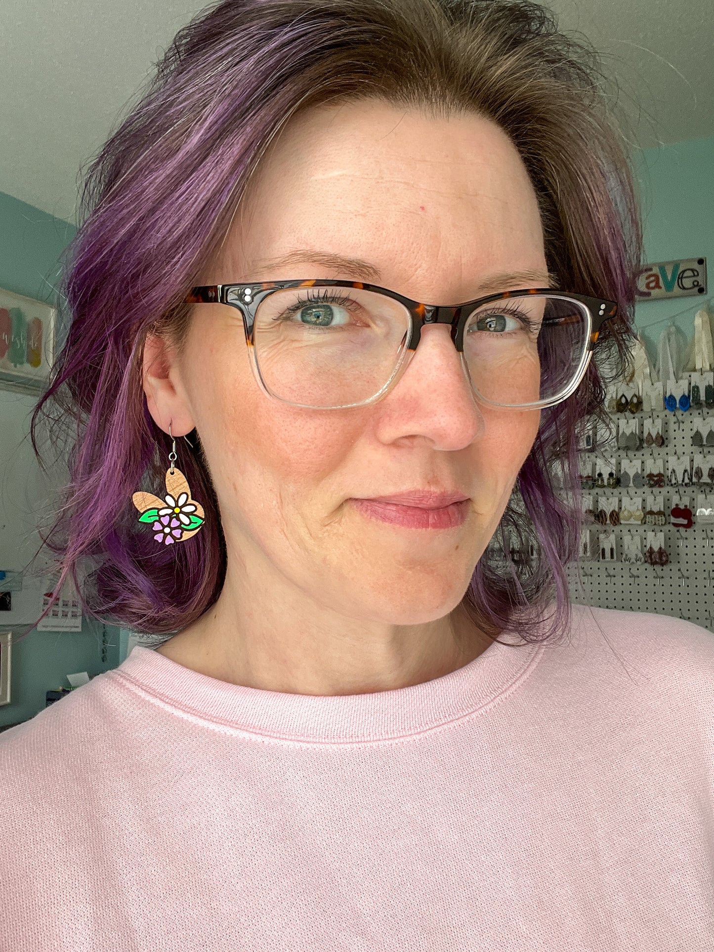 Hand Painted Floral Bunny Wood Earrings: Choose From 2 Color Options