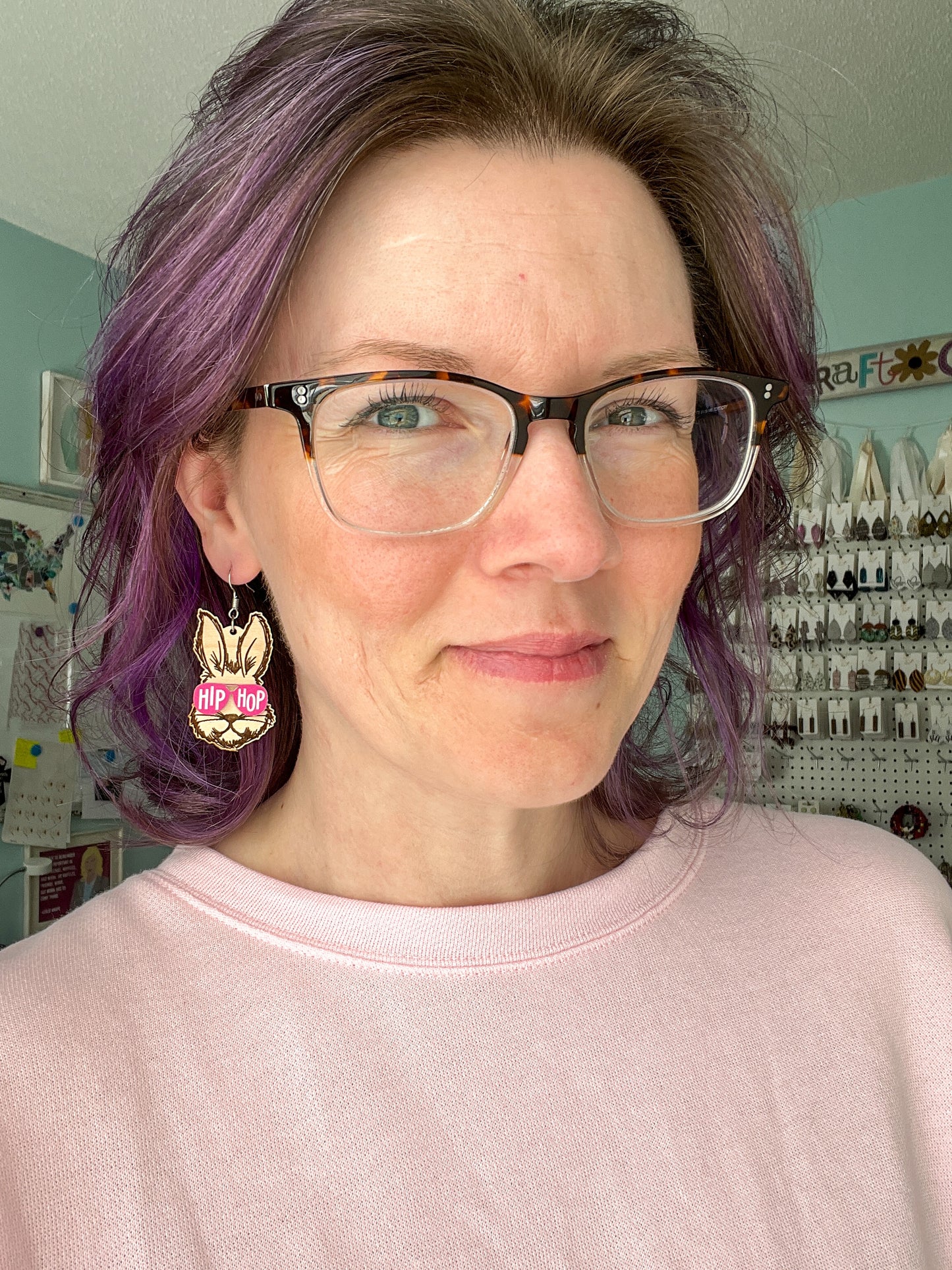 Engraved Wood Bunny with Glasses Earrings: Choose From 4 Styles