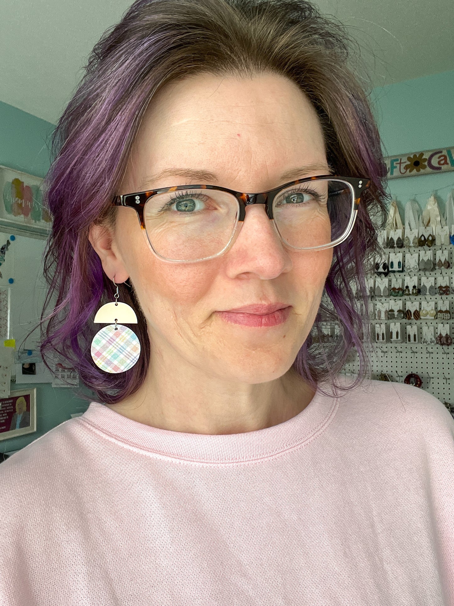 Pastel Plaid Leather Earring Circle Drop: Choose From 3 Colors - ONLY 2 PEACH LEFT