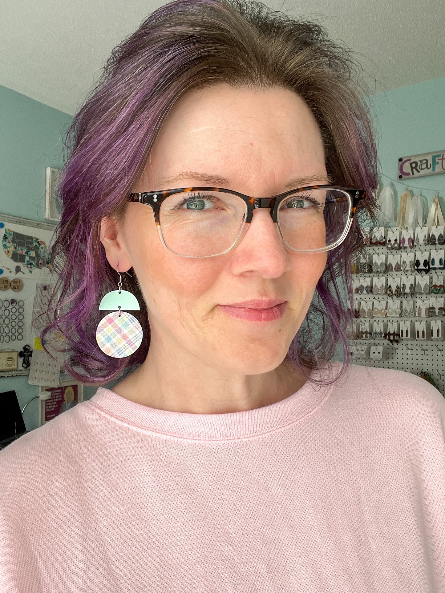 Pastel Plaid Leather Earring Circle Drop: Choose From 3 Colors - ONLY 2 PEACH LEFT