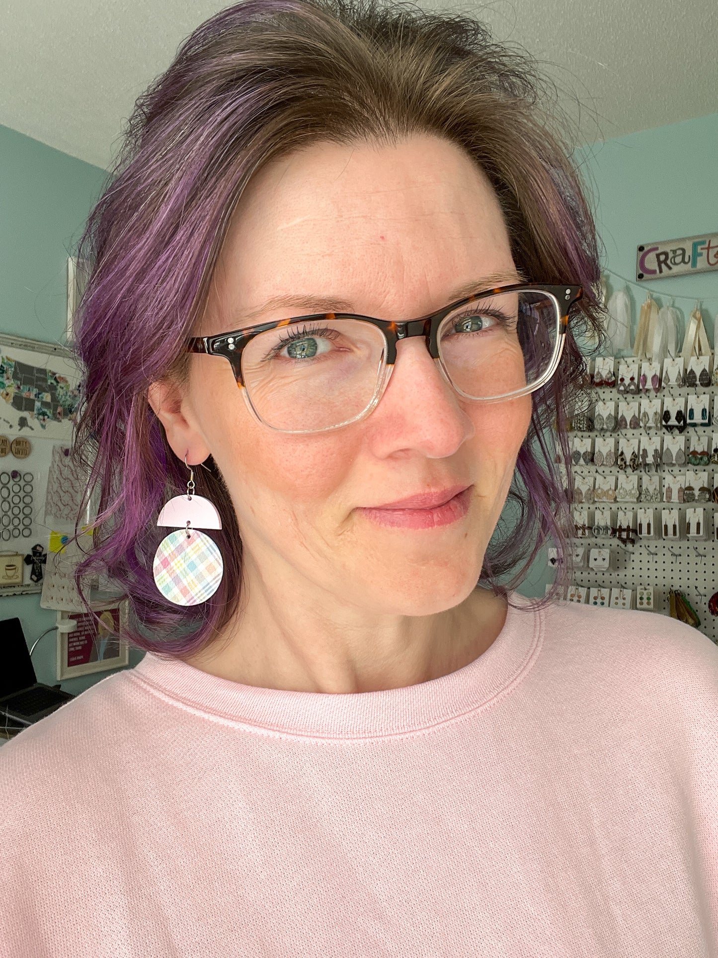 Pastel Plaid Leather Earring Circle Drop: Choose From 3 Colors - ONLY 2 PEACH LEFT