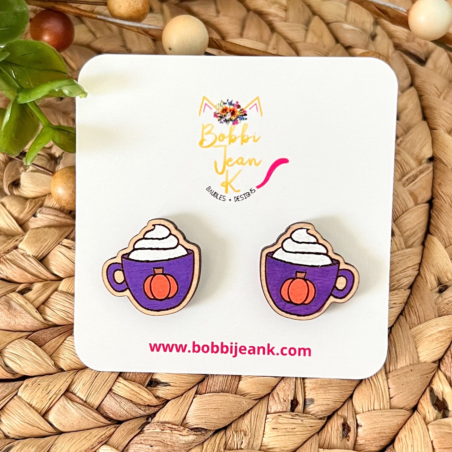 Hand Painted Pumpkin Spice Wood Mug Studs: Choose From 4 Color Options